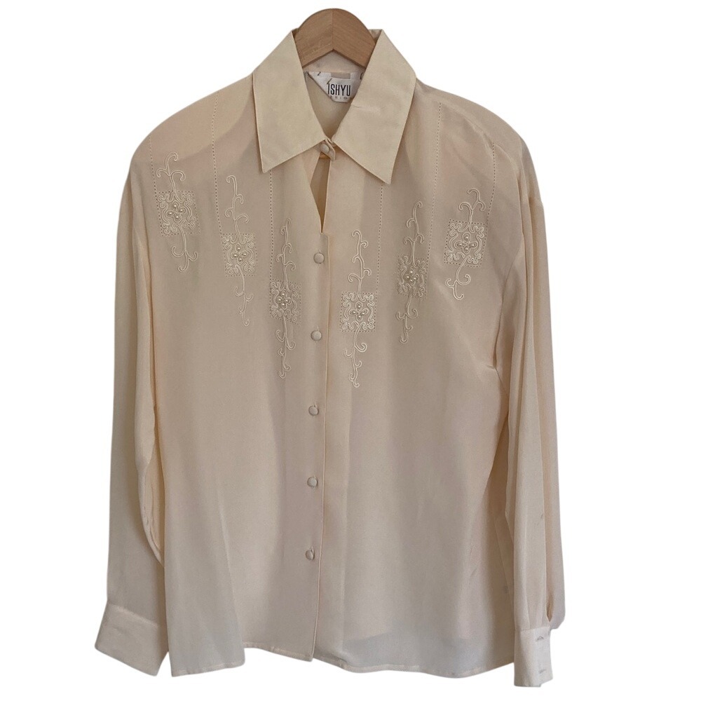 Vtg Ishyu Womens Cream Embroidered Button-Up Silk‎ Blouse Size 8 Pearls Long Slv